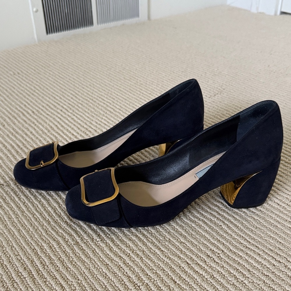 Prada Elegant Navy Block Heel Pumps